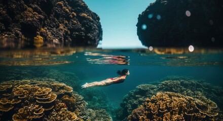 Female adult swimming over a vibrant coral reef. Split level view of a tropical ocean paradise. Adventure travel and aquatic discovery. Ecotourism and serene vacation lifestyle concept