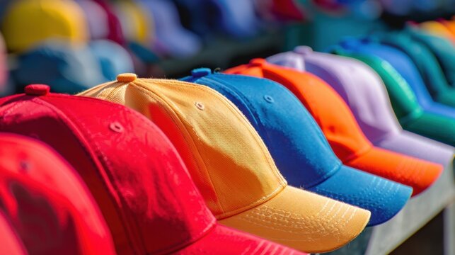 A row of colorful baseball caps in various shades including red, yellow, blue, and purple. The caps are neatly arranged on a display.