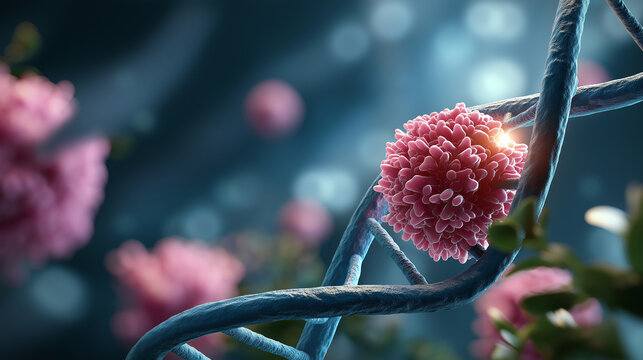 DNA strand and cancer cell 3D rendering faceless oncology research visualization slightly defocused molecular background scientific concept genetic research illustration medic