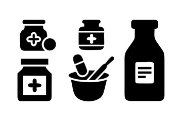 Vector Collection of Black Pharmacy Icons Medicine Bottles, Pills, Capsules, Mortar and Pestle