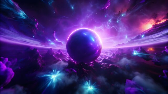 A purple sphere shines among dark mountains, framed by deep purples, blues, and fiery orange stars.
