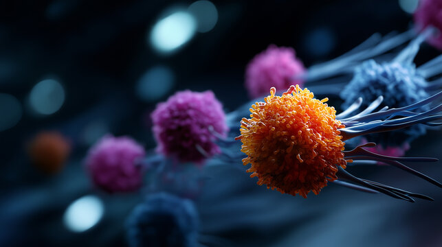 Highly detailed colorful microscopic view of cancer cells faceless cellular composition defocused tissue environment background invading cells visualization oncology research