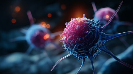 Highly detailed colorful microscopic view of cancer cells faceless cellular composition defocused tissue environment background invading cells visualization oncology research