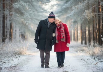 Happy woman and man walking and holding hand in winter forest. Senior couple smiling on winter stroll. Love and romance on Christmas holiday.
