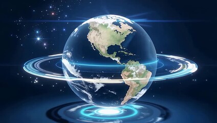 Futuristic digital globe with glowing orbital rings and holographic data interface - Powered by Adobe