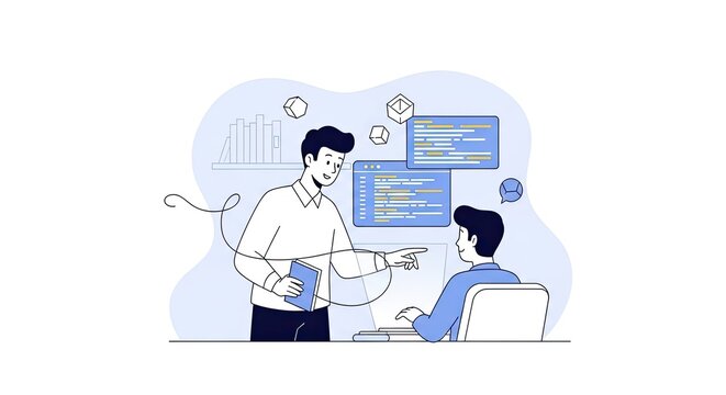 Minimalist Line Art: Digital Mentor Guiding Student Through Coding Challenge