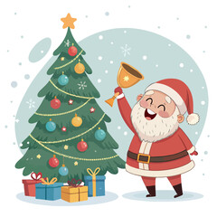 Santa Claus with gifts and Christmas tree in winter holiday scene