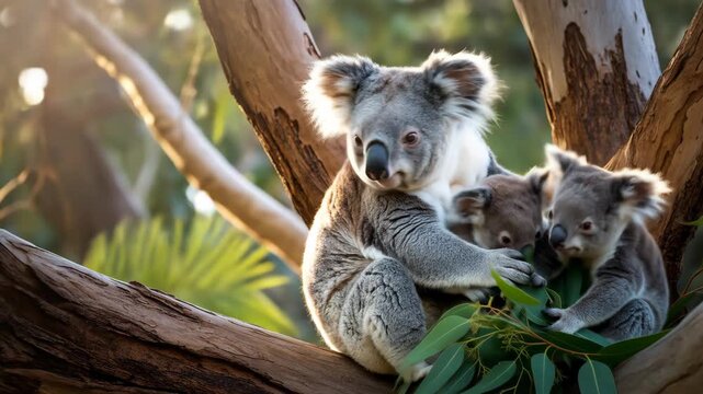 Three Koalas Including Adult and Two Young Koalas Sitting Together