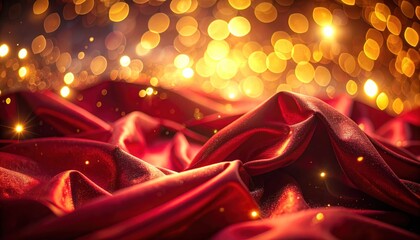 Rich red fabric with golden bokeh lights, creating a festive atmosphere