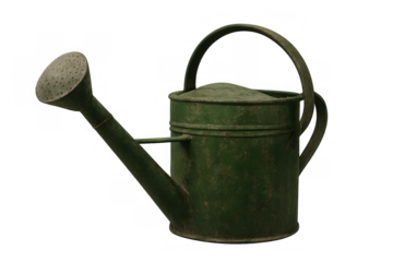Rustic metal watering can isolated, showing vintage green garden tool for plant care and cultivating hobbies