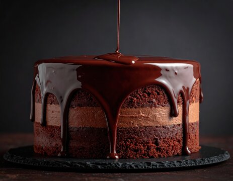Rich, layered chocolate cake with frosting being poured over it