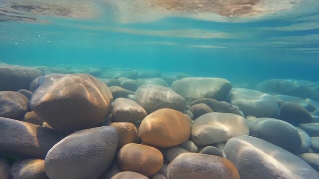 Close-up of colorful smooth pebbles under crystal clear water, sunlight reflections, sparkling bokeh