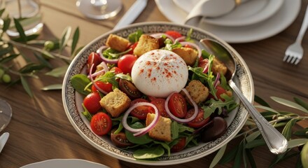 Gourmet burrata salad with cherry tomatoes and croutons. Healthy Mediterranean cuisine for a restaurant menu. Elegant fine dining appetizer on a rustic wooden table