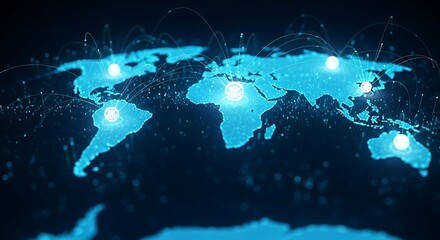 A glowing digital world map with interconnected marketing nodes, data streams connecting continents, representing global online advertising and connectivity, deep blue and cyan color palette.