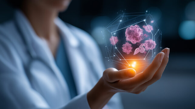 Faceless doctor analyzing cancer cells with holographic interface defocused futuristic medical background internal organs structure visualization including brain and liver