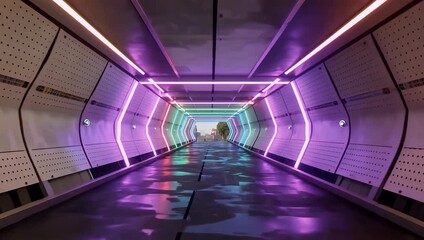 Futuristic neon lit tunnel with reflective wet floor and symmetrical led panels - Powered by Adobe