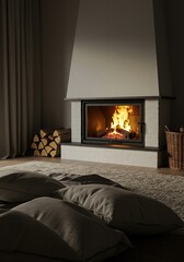 Cozy interior scene bathed in soft, inviting light, featuring a crackling fireplace and comfortable textiles for ultimate relaxation ,intimate ,dwelling ,atmosphere