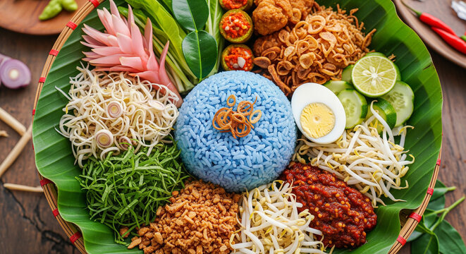 Blue rice and vegetables on banana leaf