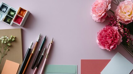 A table with pens, pencils, and flowers. The pens and pencils are arranged in a row, and the flowers are scattered around the table. The table is on a pink background