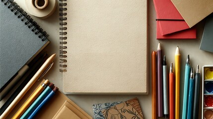 A notebook with a blank page sits on a table with a variety of pens, pencils, and other writing supplies. The scene suggests a creative and artistic atmosphere, with the potential for writing, drawing
