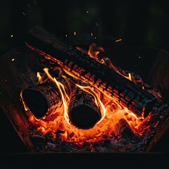 Crackling wood fire illuminating the dark forest environment. Cozy, atmospheric heat radiates from the glowing embers and flames ,camping ,natural ,atmosphere