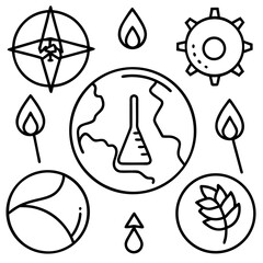 Illustration of earth, compass, gear, wheat, flame, and flask