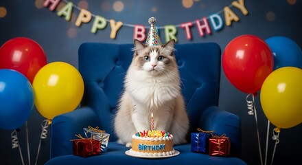 Funny cat blowing a party horn with confetti explosion, bright festive colors, energetic celebration vibe, crisp and vibrant photography.”