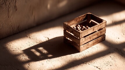 A wooden crate with a few eggs in it is sitting on a sandy floor. The crate casts a shadow on the ground, creating a sense of depth and dimension. The eggs inside the crate are arranged in a neat