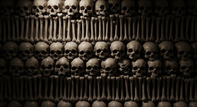 Ancient ossuary wall with stacked human skulls and bones. Macabre pattern from a historic catacomb. Gothic concept of death and mortality. Dark art for a horror theme