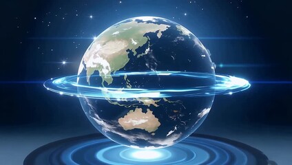 Futuristic rotating planet globe with glowing holographic rings and digital light effects - Powered by Adobe