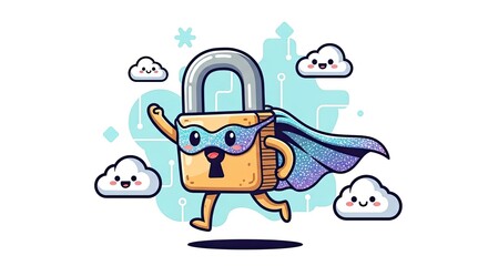 Superhero Padlock: Cheerful Guardian Flying Over Digital Data Clouds