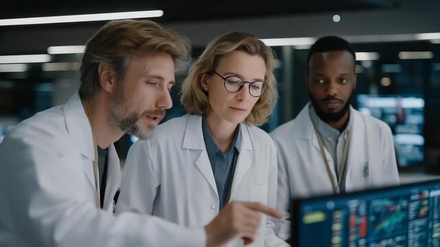Team of data scientists and chemists collaborating in smart laboratory surrounded by digital dashboards, emotion of excitement visible, representing interdisciplinary innovation, materials AI