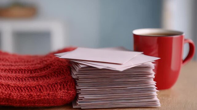 A pile of envelopes and a red mug evoke feelings of productivity and comfort, perfect for winter mornings. The cozy sweater adds a seasonal touch, blending work and relaxation in a home setting
