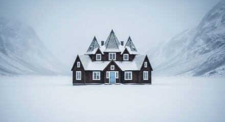 Secluded wooden house in a winter mountain valley. Unique fairytale architecture with a snow covered roof. Remote property investment and solitary living. Minimalist scenic destination