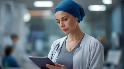 Faceless doctor reviewing patient's chart on tablet defocused hospital room background woman in headscarf visible medical consultation oncology care planning professional
