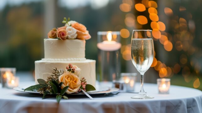 Elegant wedding cake adorned with beautiful flowers and sparkling champagne, perfect for romantic celebration or special occasion decoration - Powered by Adobe