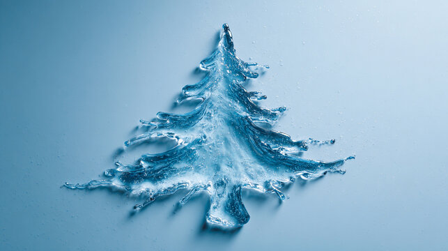 Christmas tree made with ice water.,Blu background,postcard greeting,generative ai