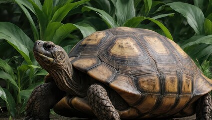 A detailed close up of a tortoise with a patterned shell in a lush green environment.