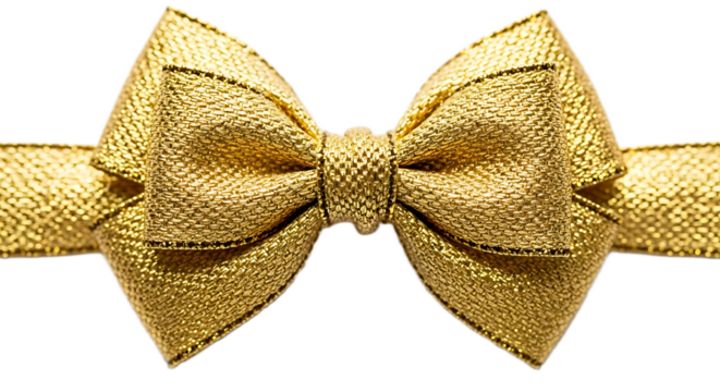 Close up of a shiny golden ribbon tied in a bow with a black background adding to its elegance