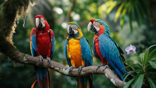 Three Vividly Colored Macaw Parrots Perched Together on a Mossy Branch in a Lush Tropical Rainforest with Soft Sunlight Filtering Through Dense Green Foliage and a Delicate Orchid Blooming Nearby