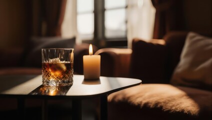 A glass of whiskey and a lit candle create a cozy evening atmosphere.
