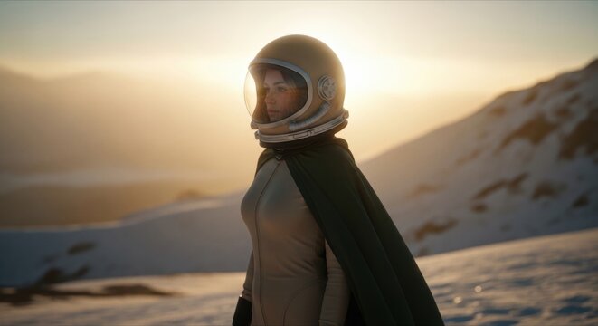 Female astronaut in a vintage space helmet on an alien planet. Science fiction concept for exploration and discovery. Cinematic retrofuturism for technology and innovation themes
