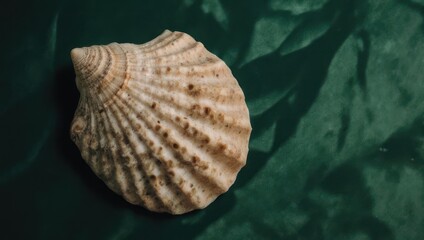 A single seashell with intricate patterns rests on a dark green textured background.