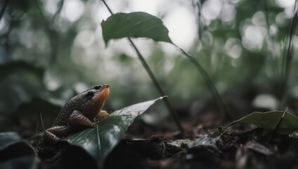 A small frog with orange throat sits on a wet leaf in a lush green forest environment.