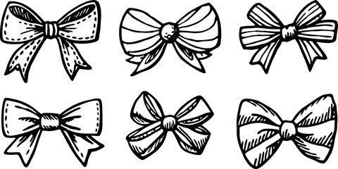 A collection of six different hand-drawn bow illustrations are arranged against a stark white background. The bows are drawn in a detailed, monochromatic ink-sketch style, utilizing cross-hatching and