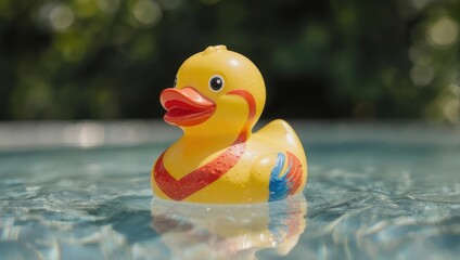 A single yellow rubber duck toy floating peacefully in a swimming pool on a sunny day.