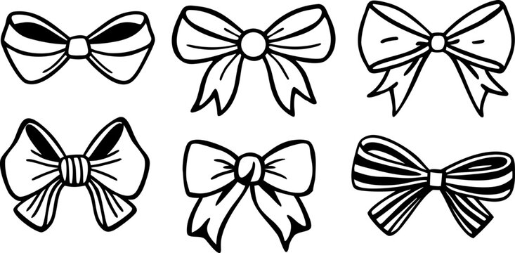 A collection of six different hand-drawn bow illustrations are arranged against a stark white background. The bows are drawn in a detailed, monochromatic ink-sketch style, utilizing cross-hatching and
