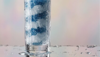 A tall clear glass filled with ice cubes and a vibrant blue substance on a wet reflective surface.