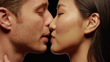Close-up of a diverse couple sharing an intimate kiss, showcasing love and connection. - Powered by Adobe