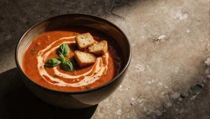 A warm bowl of creamy tomato basil soup with croutons on a rustic textured surface.